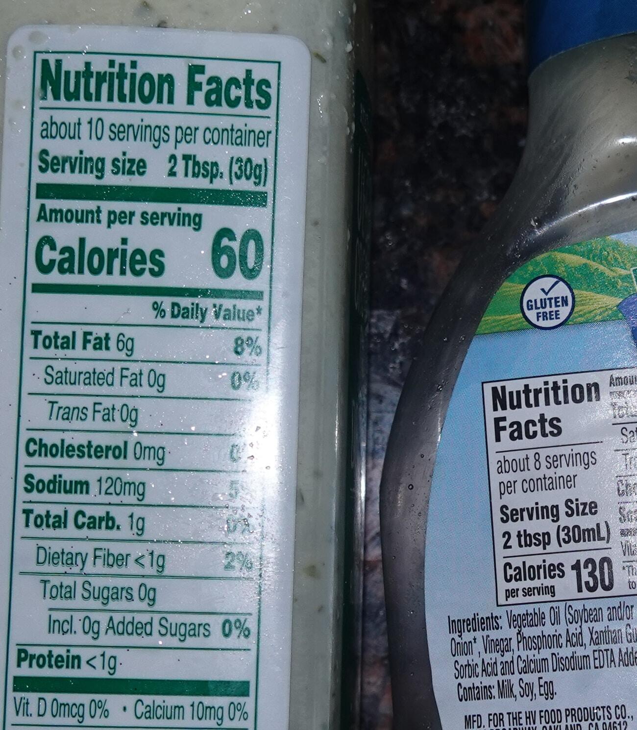 trader joes vegan creamy dill dressing calories vs. hidden valley ranch calories